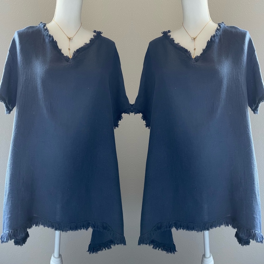 Linen blue oversized long top or short dress size S/M
